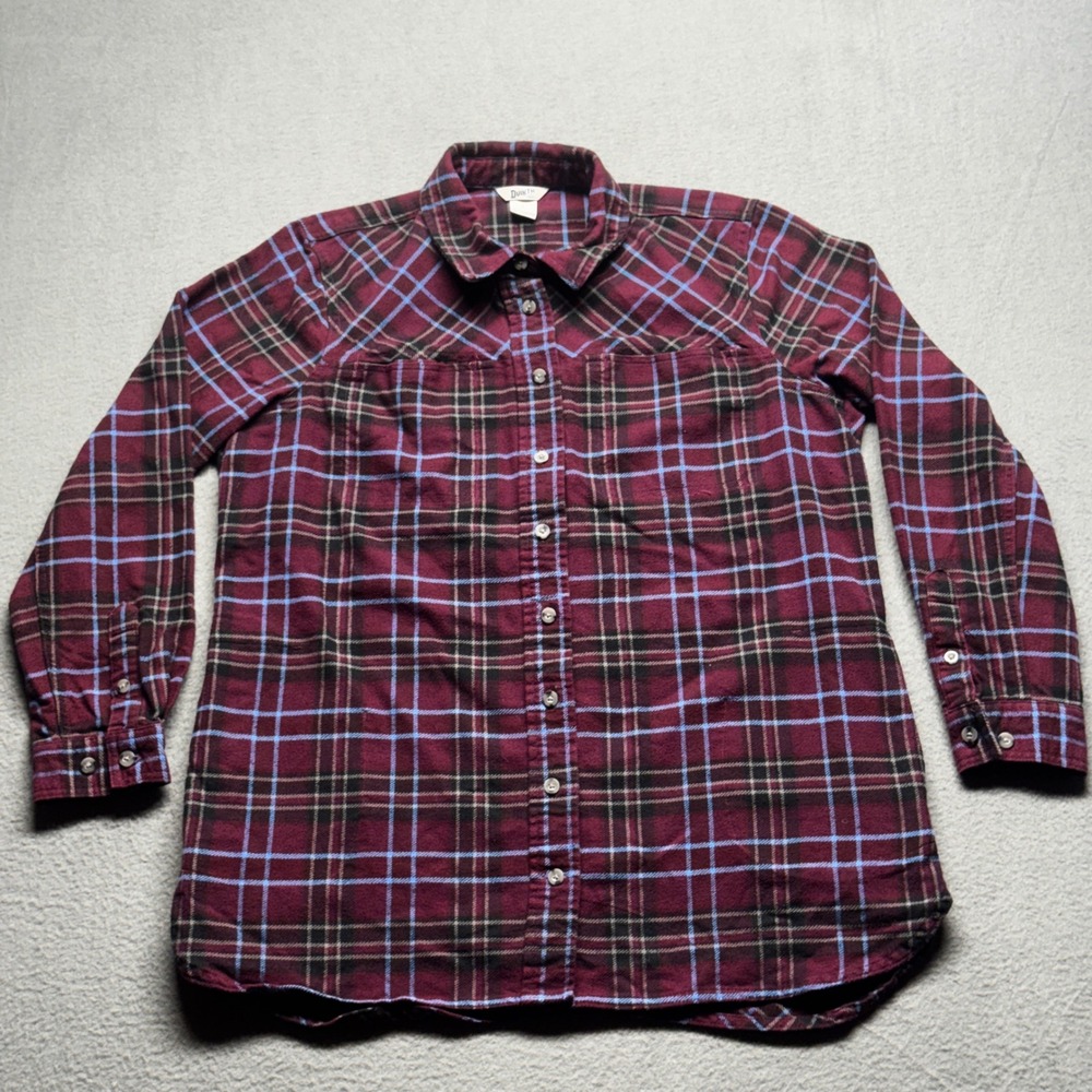 Duluth Trading Co Women Large Flannel Shirt Burgundy Blue Plaid Button Up Shirt